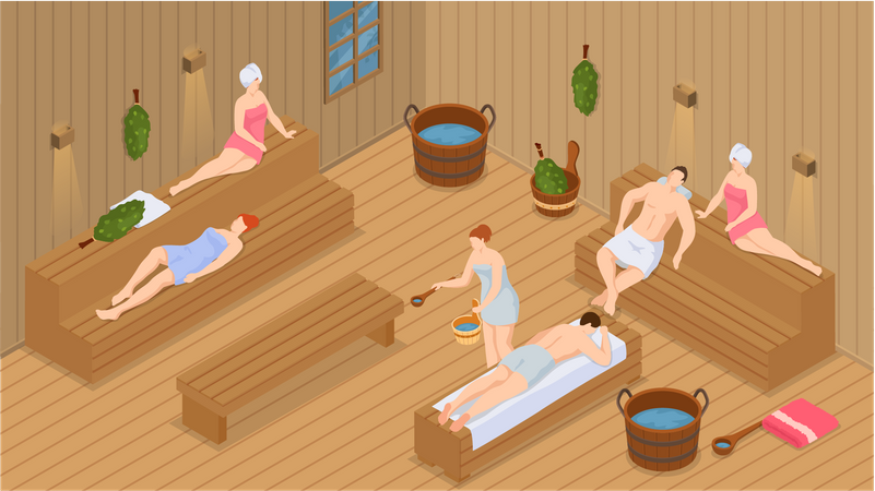 Grupo de personas relajándose en la sauna.  Ilustración