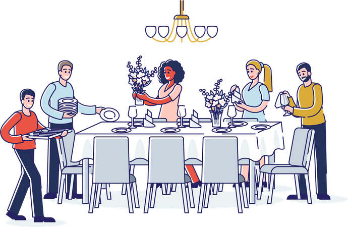 Grupo de personas sirviendo mesa para la cena.  Ilustración