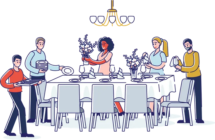 Grupo de personas sirviendo mesa para la cena.  Ilustración