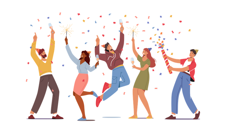 Grupo de personas sosteniendo copas de vino con bebidas y bengalas celebrando las vacaciones  Ilustración
