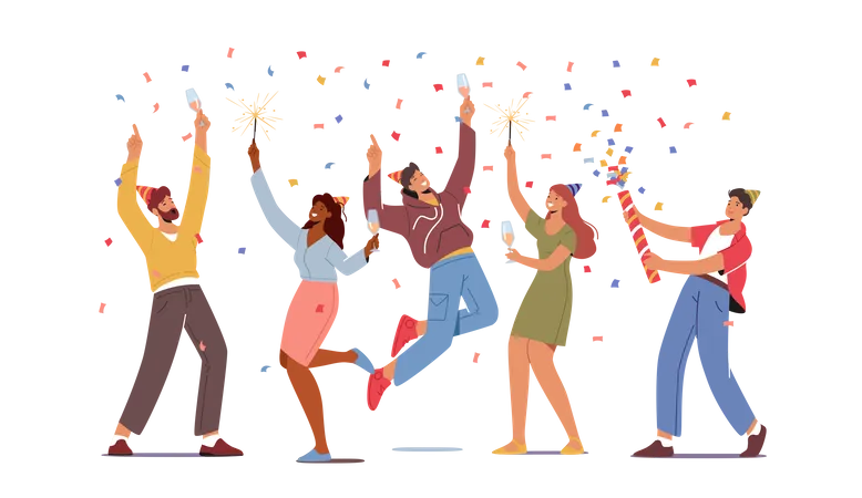 Grupo De Personajes Jovenes Sosteniendo Copas De Vino Con Bebidas Y Bengalas Celebrando Vacaciones Bebiendo Cocteles De Alcohol Y Comunicandose En Una Fiesta O Evento Festivo Ilustracion Vectorial De Dibujos Animados Ilustración