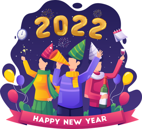 Grupo de personas celebrando la víspera de Año Nuevo 2022  Ilustración