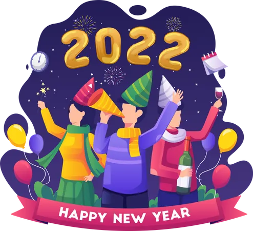 Grupo de personas celebrando la víspera de Año Nuevo 2022  Ilustración