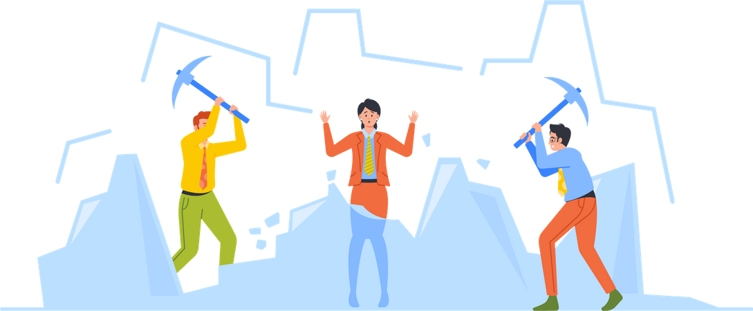 Grupo de pessoas com martelos e quebrando gelo  Ilustração