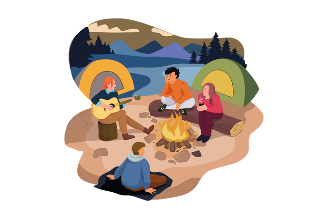 Grupo de pessoas curtindo acampar  Ilustração