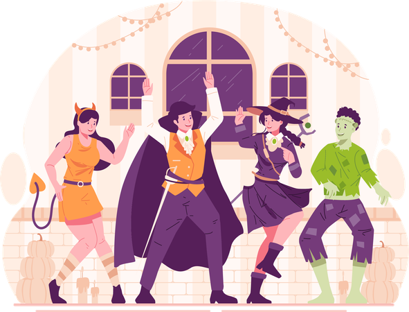 Grupo de pessoas felizes vestidas com várias fantasias de Halloween e dançando na festa de Halloween  Ilustração