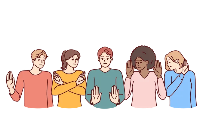 Grupo de pessoas multiétnicas mostra gestos de parada, não querendo aceitar discriminação  Ilustração