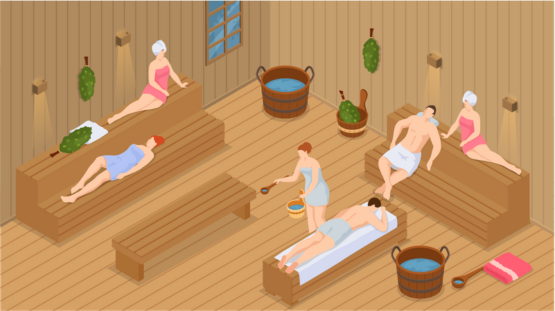 Grupo de pessoas relaxando na sauna  Ilustração
