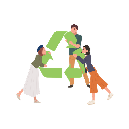 Grupo de pessoas segurando o símbolo de reciclagem  Ilustração