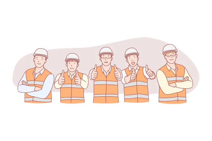 Grupo de trabajadores sonrientes con casco y uniforme.  Ilustración