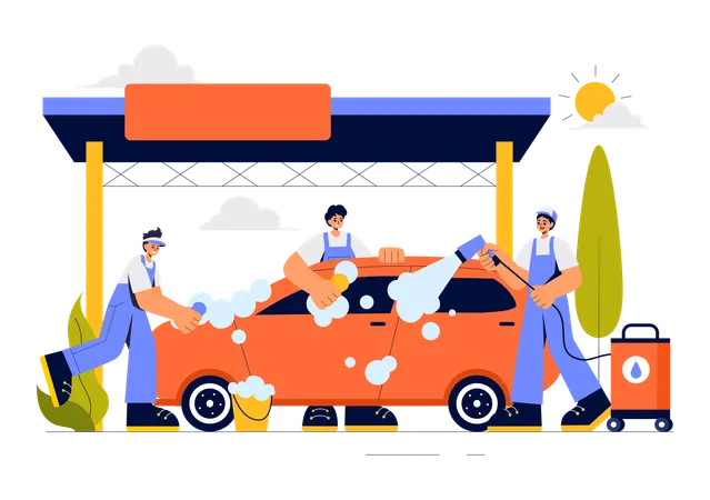 Grupo de trabalhadores limpando carro  Illustration