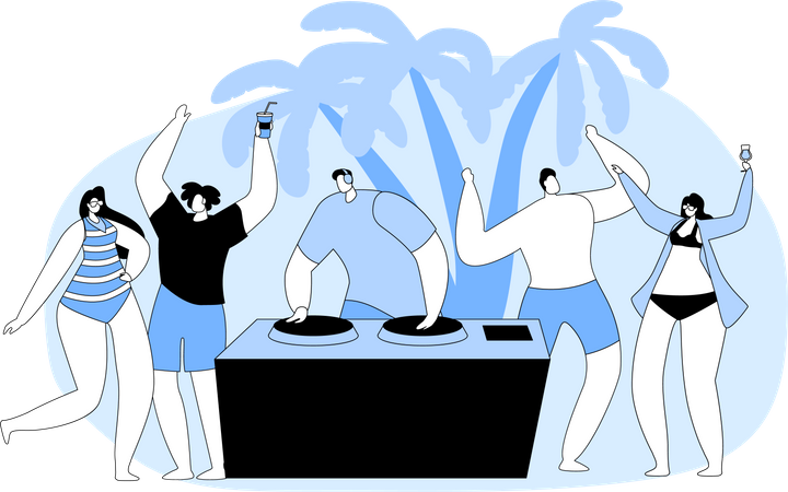 Grupo de turistas aproveitando a festa de DJ na praia  Ilustração
