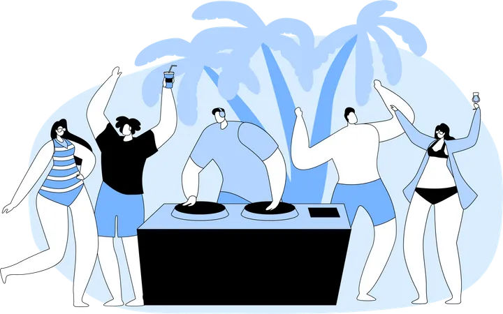 Grupo de turistas disfrutando de una fiesta de DJ en la playa  Ilustración