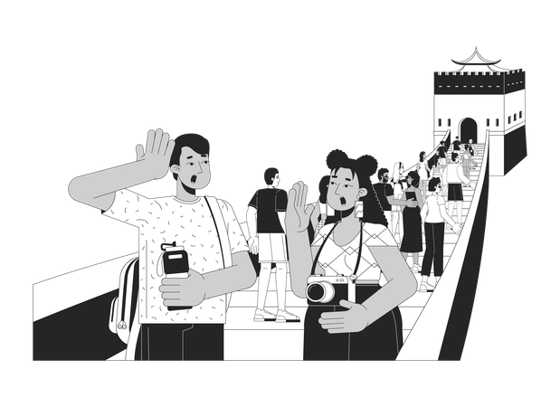 Grupo de turistas emocionados en la gran muralla china  Ilustración