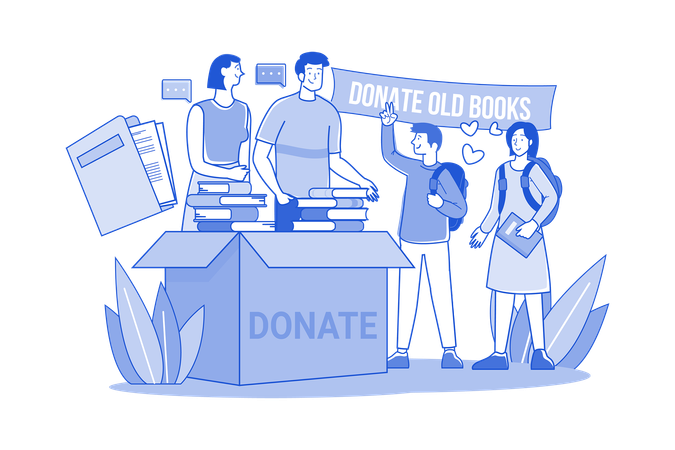 Un grupo de voluntarios dona libros y periódicos viejos a estudiantes pobres  Ilustración