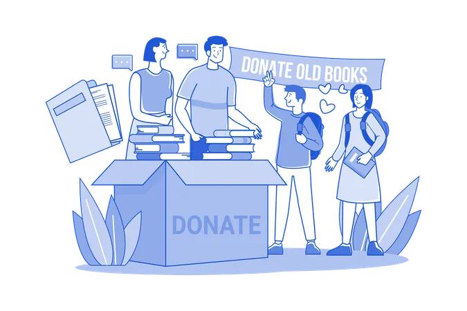 Un grupo de voluntarios dona libros y periódicos viejos a estudiantes pobres  Ilustración