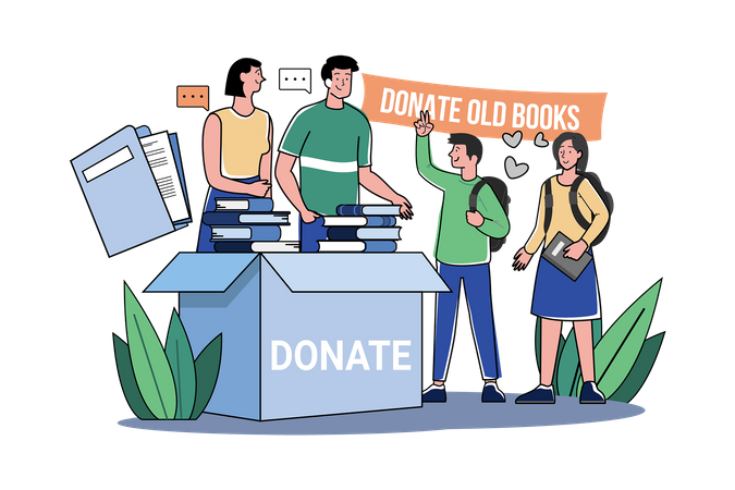 Un grupo de voluntarios dona libros y periódicos viejos a estudiantes pobres  Ilustración