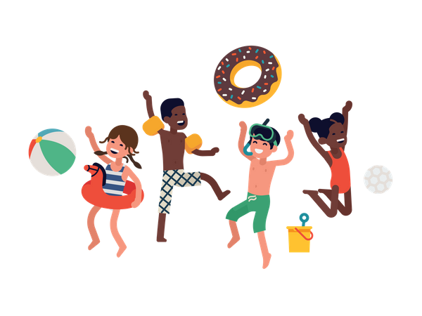 Grupo diversificado de crianças felizes e alegres pulando e rindo vestindo trajes de banho e à beira-mar  Ilustração