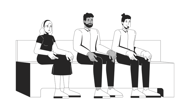 Grupo diverso de fiéis sentados no banco da igreja  Ilustração