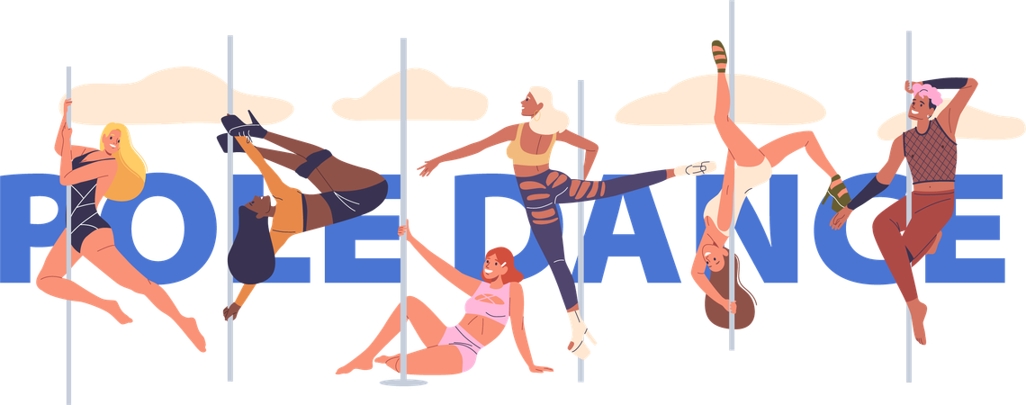 Grupo diverso de personas realizando diversos movimientos de pole dance  Ilustración