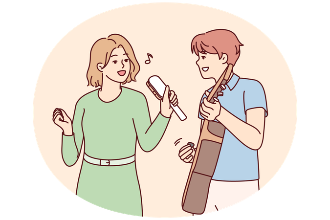 Grupo musical de homem tocando violão e mulher com chocalho ensaiando uma nova melodia legal  Ilustração