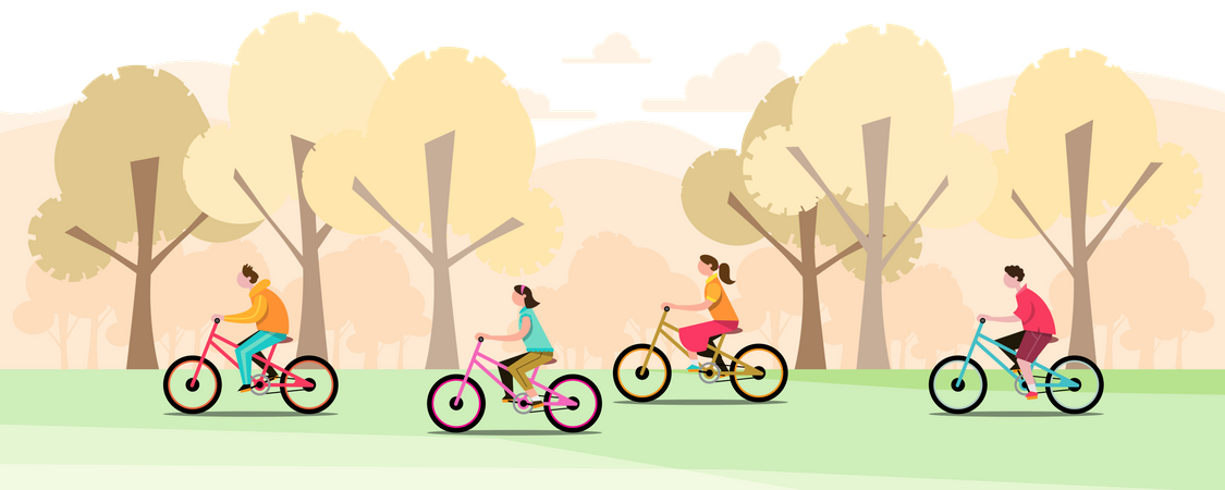 Grupos de crianças andam de bicicleta em um parque  Ilustração