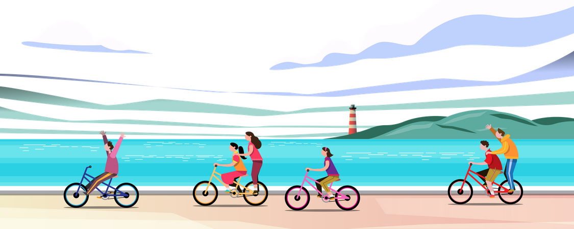 Grupos de niños andan en bicicleta por la playa.  Ilustración
