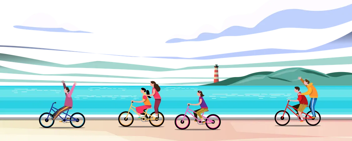 Grupos De Ninos Andan En Bicicleta Por La Playa Divirtiendose En Las Vacaciones De Verano Diseno De Ilustracion Vectorial Plana Ilustración