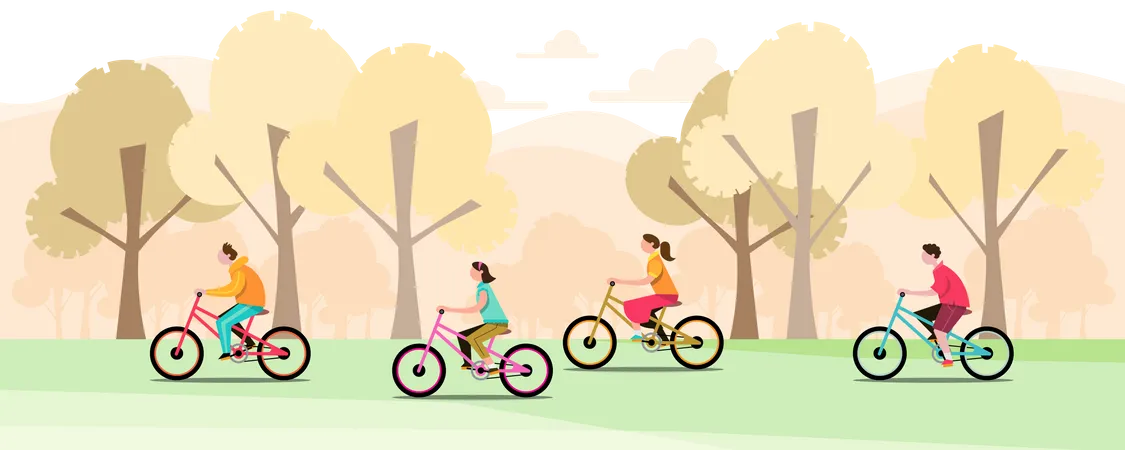 Grupos de niños andan en bicicleta en un parque.  Ilustración