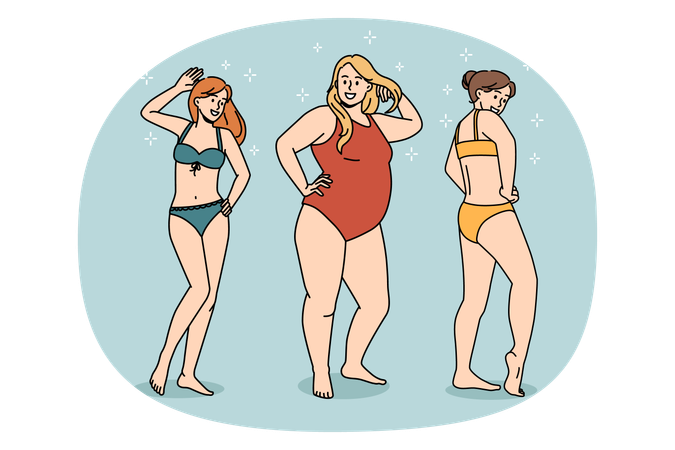 Gruppe fröhlicher schlanker und übergroßer Frauen, die im Bikini tanzen und Spaß haben und gemeinsam das Leben genießen  Illustration