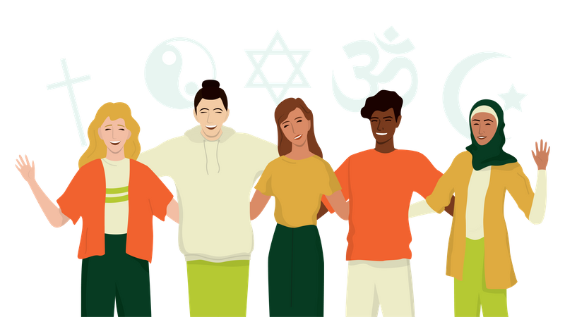 Gruppe glücklicher Freunde unterschiedlicher Religion  Illustration