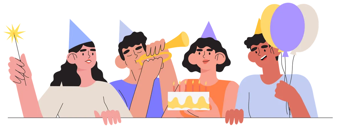 Gruppe lächelnder Menschen, die Geburtstag feiern  Illustration