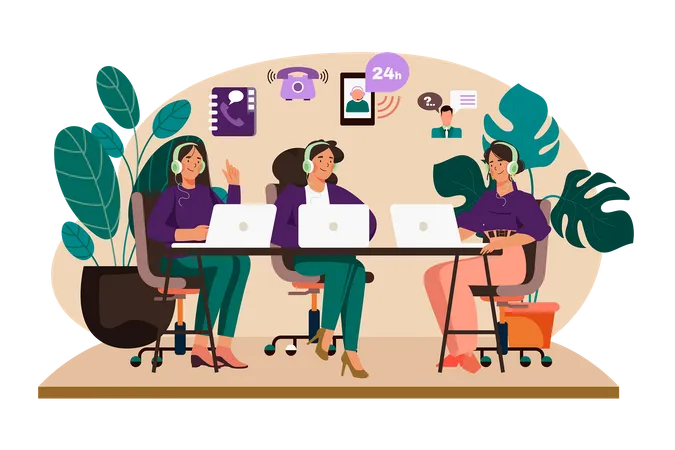 Gruppe weiblicher Telefonistinnen, die im Callcenter arbeiten  Illustration