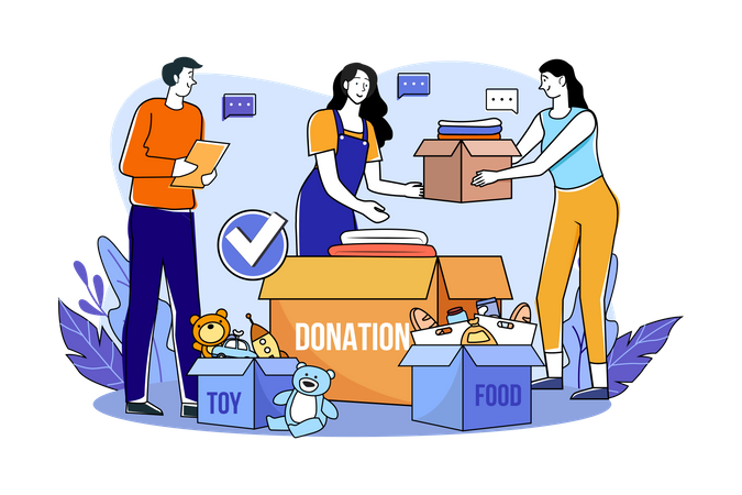 Eine Gruppe Freiwilliger sortiert Wohltätigkeitsartikel  Illustration