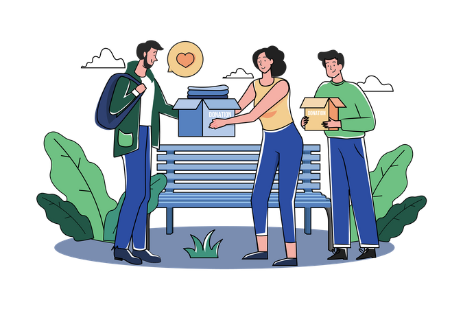 Eine Gruppe Freiwilliger verteilt wohltätige Geschenke an die Armen  Illustration