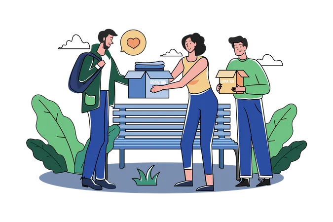 Eine Gruppe Freiwilliger verteilt wohltätige Geschenke an die Armen  Illustration