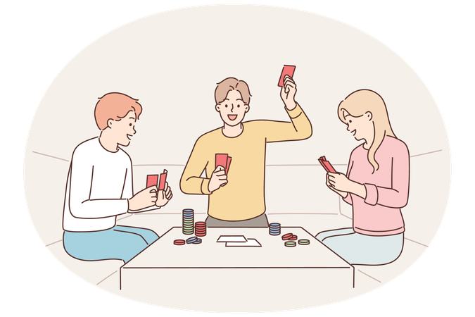 Eine Gruppe von Freunden, die Poker spielen und mit Chips am Tisch sitzen, genießt das Spielen und entspannt gemeinsam  Illustration