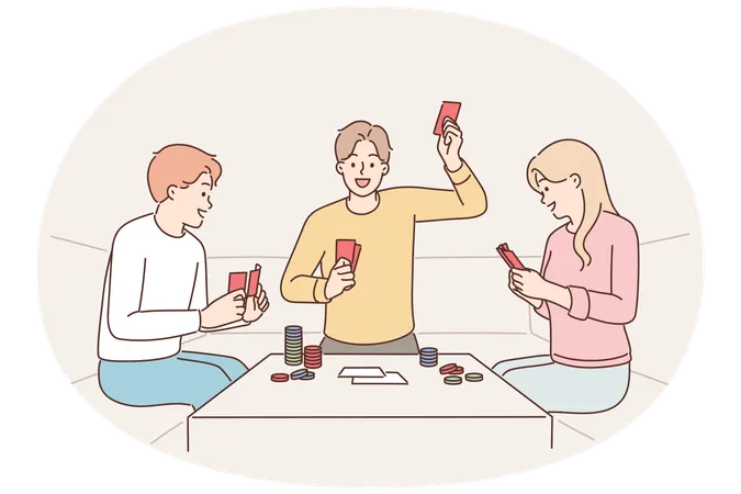 Eine Gruppe von Freunden, die Poker spielen und mit Chips am Tisch sitzen, genießt das Spielen und entspannt gemeinsam  Illustration