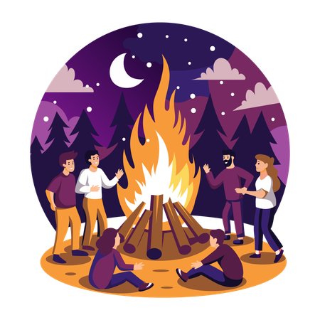 Eine Gruppe von Freunden versammelte sich nachts am Lagerfeuer im Wald unter einem sternenklaren Nachthimmel mit Halbmond  Illustration