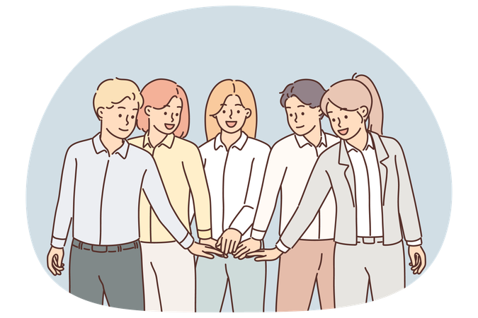 Geschäftsleute in einer Gruppe falten die Hände, um eine freundliche Atmosphäre im Team aufrechtzuerhalten  Illustration