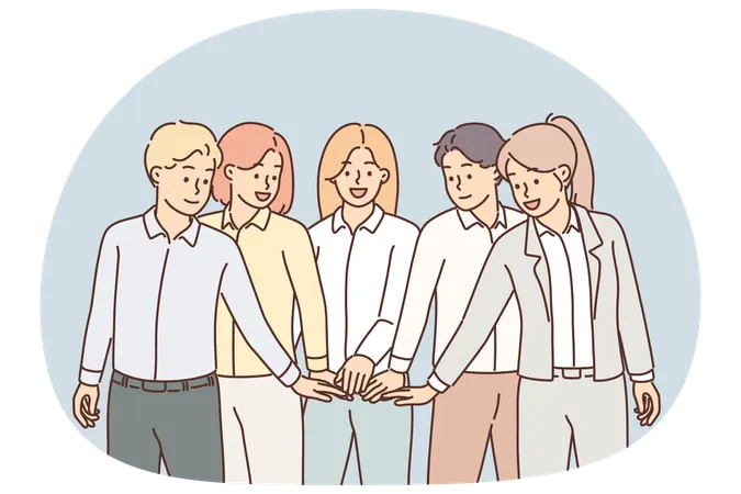 Geschäftsleute in einer Gruppe falten die Hände, um eine freundliche Atmosphäre im Team aufrechtzuerhalten  Illustration