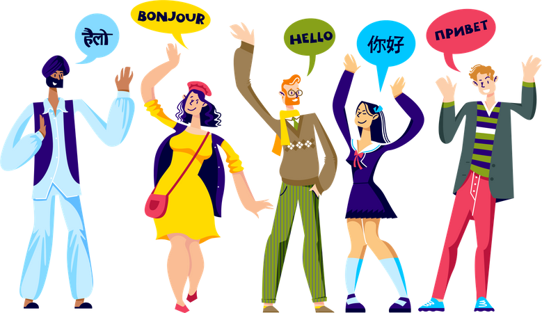 Gruppe von Menschen begrüßt sich in verschiedenen Sprachen  Illustration
