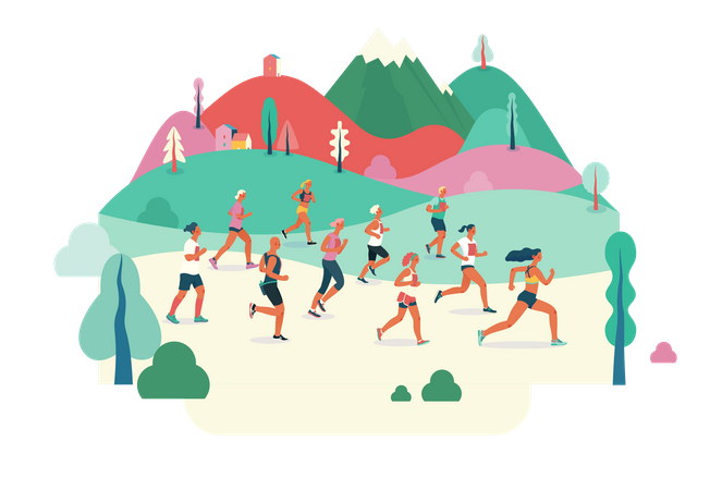 Gruppe von Marathonläufern läuft im Feld  Illustration