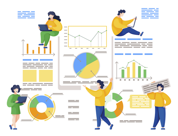 Gruppe von Mitarbeitern, die Analysedaten sammeln  Illustration