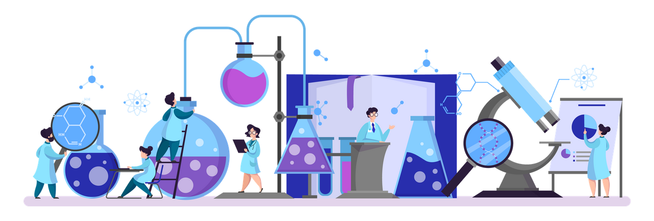 Gruppe von Wissenschaftlern, die medizinische Forschung betreiben  Illustration