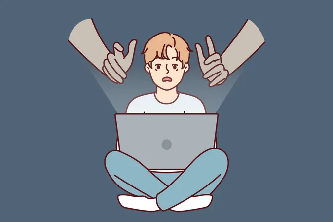 Gruseliger Junge sieht Horrorfilm auf Laptop  Illustration