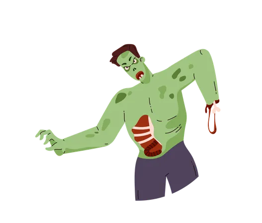 Gruseliger Zombie-Mann, Leiche, verrottender Kadaver, Eingeweide fallen heraus  Illustration