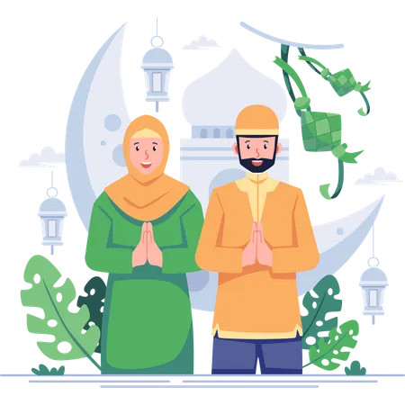 Grüße eines muslimischen Paares zum Eid  Illustration