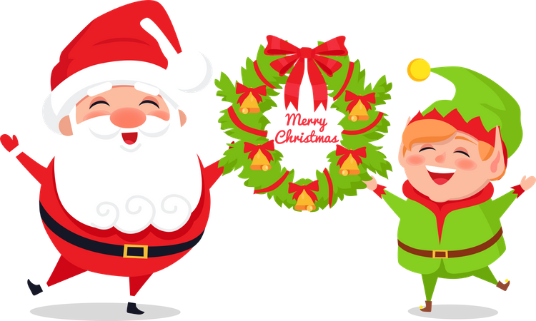 Grußkarte mit Weihnachtsmann und Elf, Web-Poster  Illustration