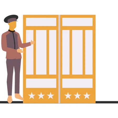 Guard standing at hotel gate Illustration